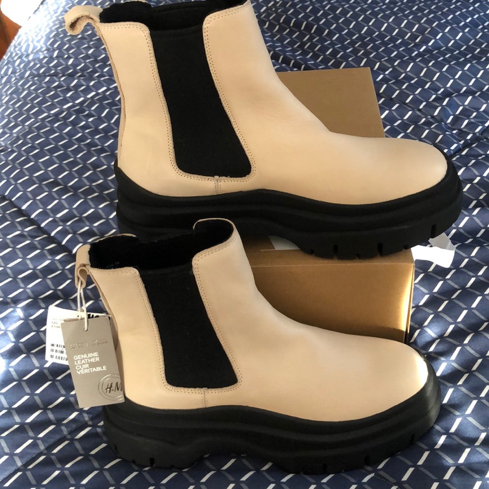 H&M cream leather lug boots